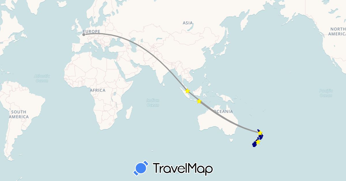 TravelMap itinerary: driving, plane, boat in France, Indonesia, New Zealand, Singapore (Asia, Europe, Oceania)